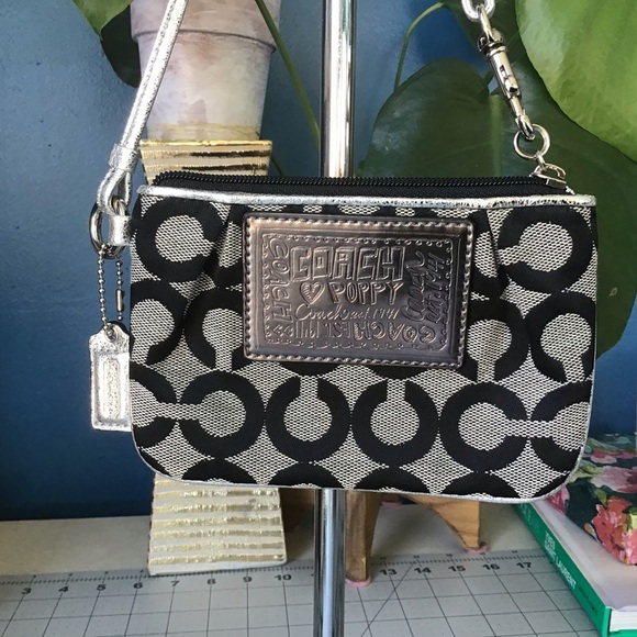Coach Logo Poppy Canvas Wristlet Wallet Silver & Brown Monogram Pouch - Picture 3 of 9